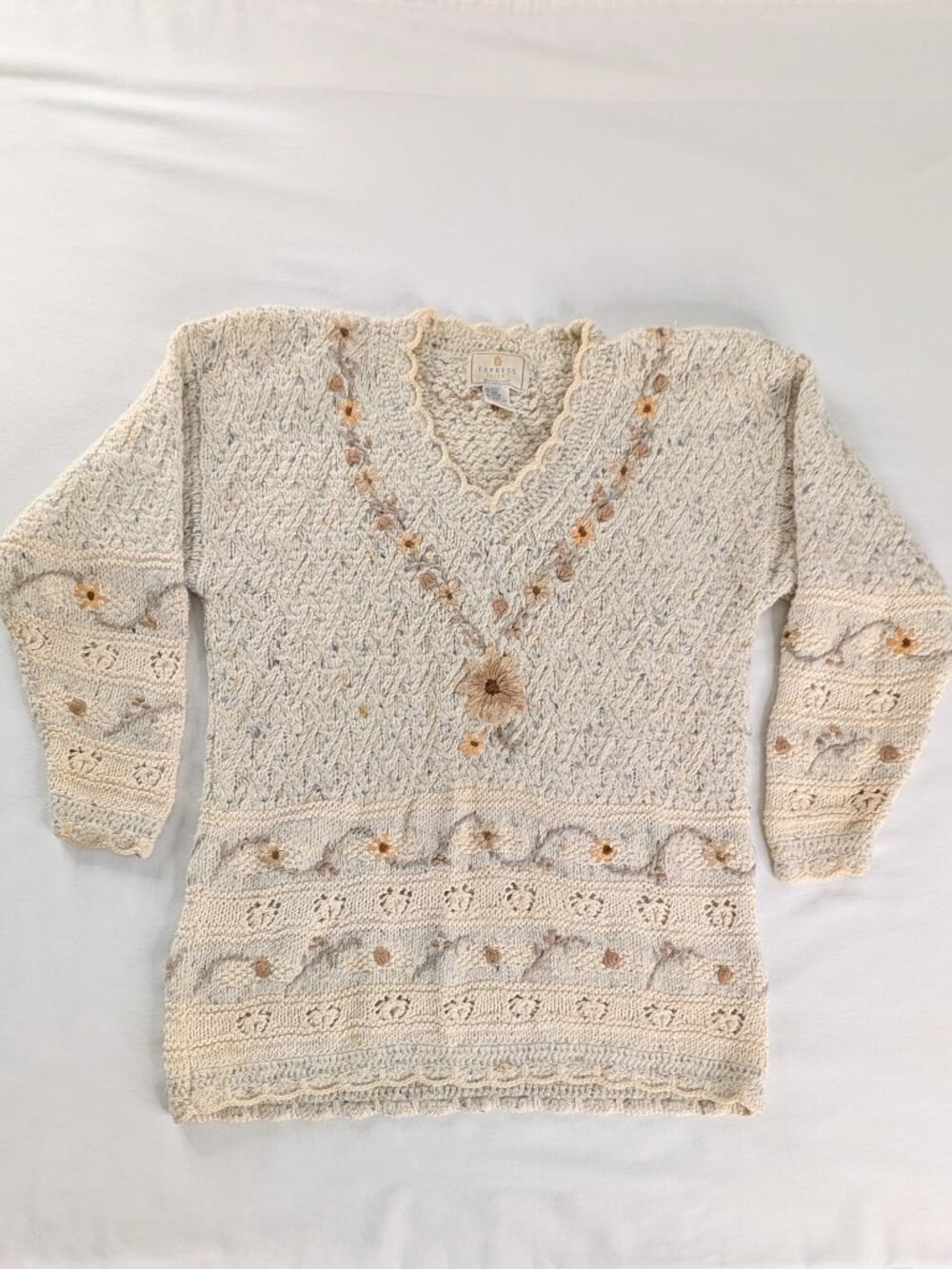 VTG Cream Golden Sunflower Chunky Knit Cotton Angora Blend Woven Sweater